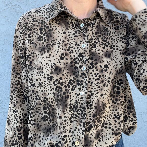90s Silk Blouse Animal Print Womens large Chic office top - Picture 4 of 10